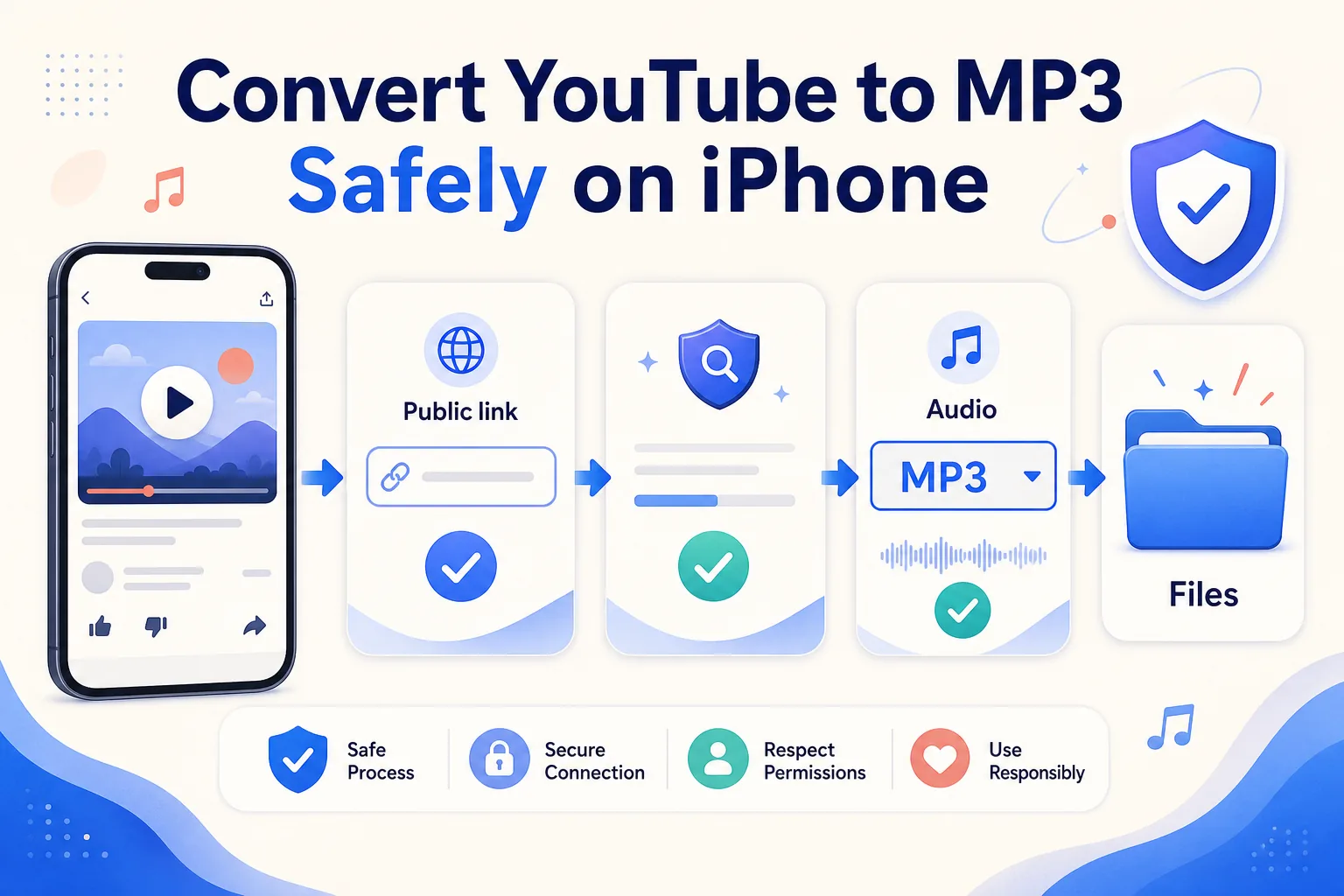 Flujo seguro desde el enlace de un vídeo público apto hasta la selección de audio y el MP3 guardado en la app Archivos del iPhone