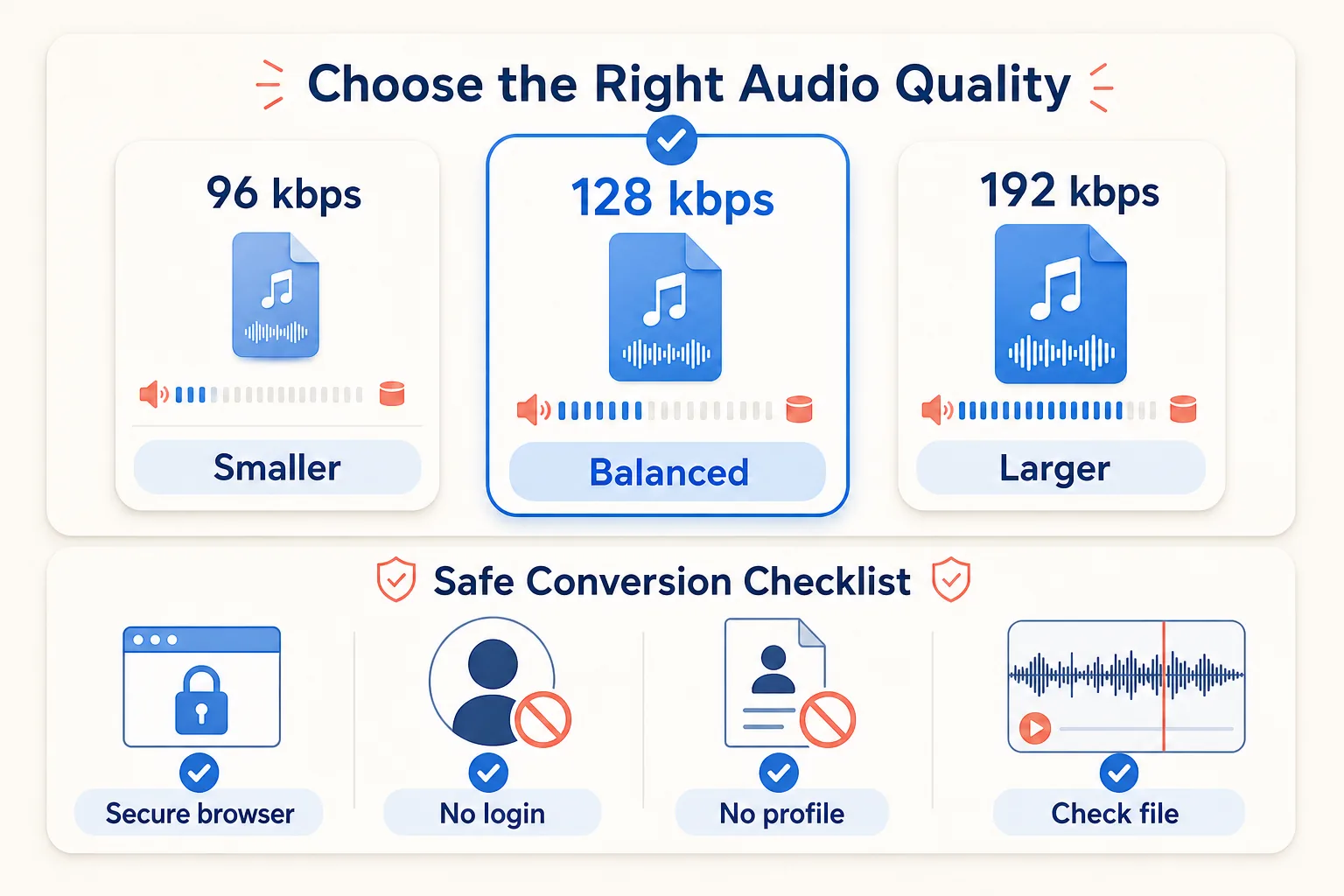 Guía de calidad y seguridad que compara 96, 128 y 192 kbps y comprueba el navegador, las solicitudes de inicio de sesión, los perfiles y el audio terminado