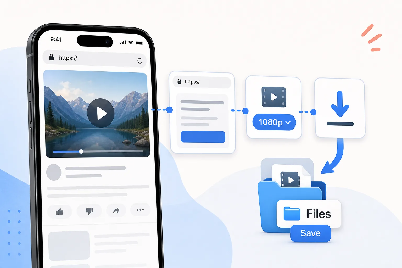 Procedura visiva dal link pubblico alla scelta 1080p, al download e alla cartella File dell’iPhone